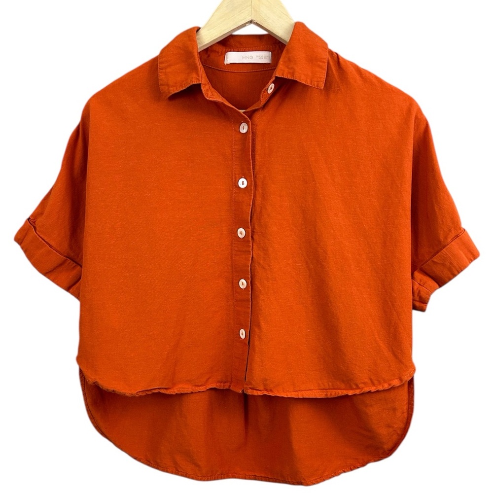 Mango Oversized Orange Linen Blend Short Sleeve Button-Up Shirt Size 2